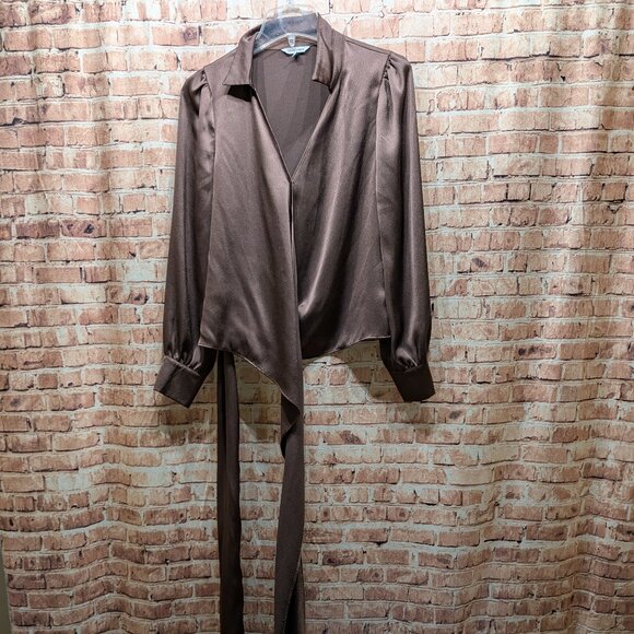Naked Zebra Brown Satin Wrap Blouse Size Med - Picture 1 of 9